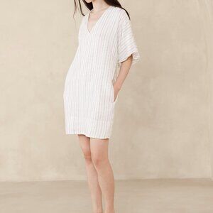 NWT Banana Republic Ivory Striped Linen Livia Puff Sleeve A-Line Mini Dress XL
